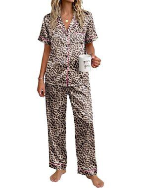 Women's Leopard Silky Short Sleeve Button Down Loungewear Pajama Set